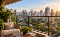 Varanda aconchegante com vista urbana ao entardecer - abracobr
